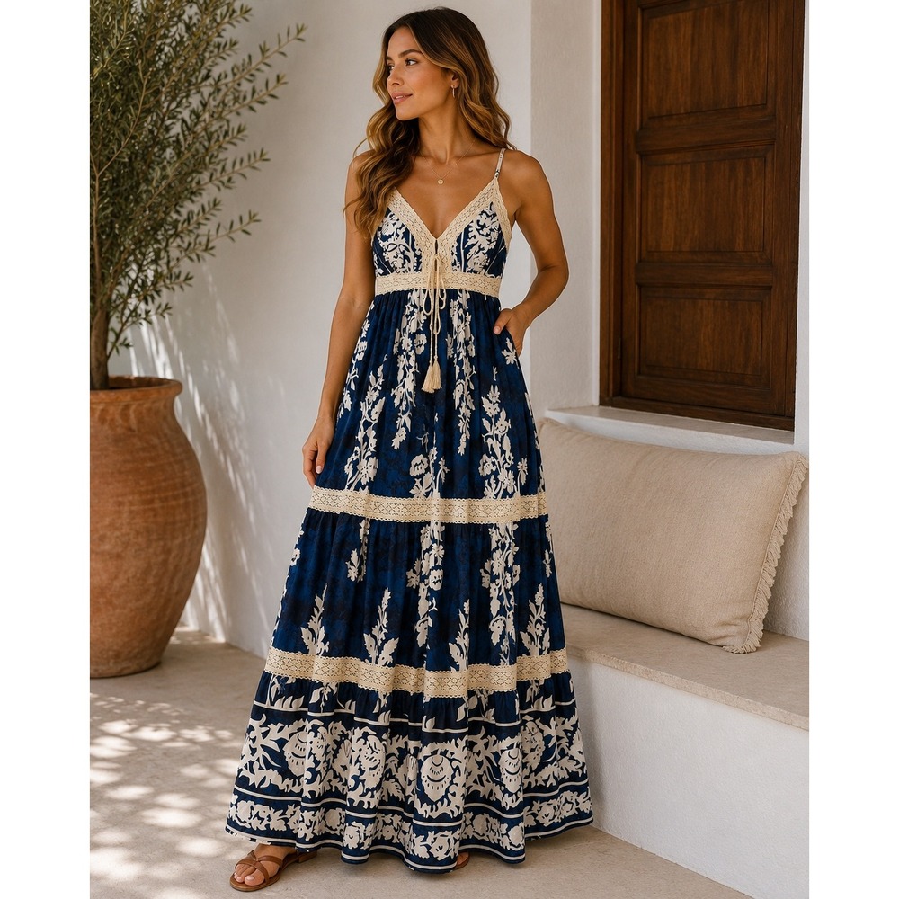 ChicMe Blue White Floral Crochet Lace Tiered Boho Maxi Dress Large Smocked Back